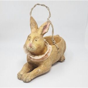 Vintage Rustic Chalk Ware Bunny Basket Easter Figure Decor Folk Art 11"x8"x6"